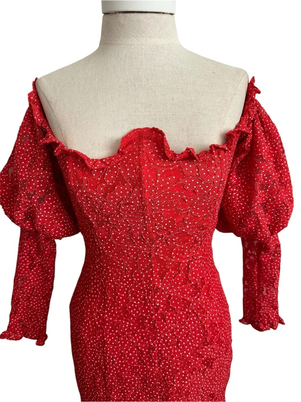 For Love And Lemons Clarisse Red & White Polkadot Mini Dress Off Shoulder XS